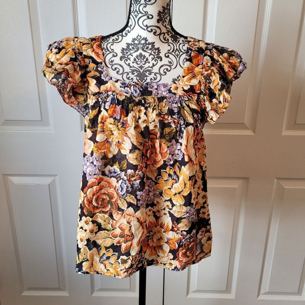 Fab' rik black floral ruffle sleeve woman's top